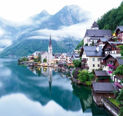 Classic postcard view of Hallstatt, Austria.